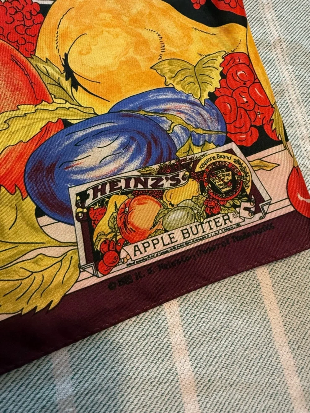 VTG June Critchfield silk scarf, fruit print, Heinz's Apple Butter 1989 drawing